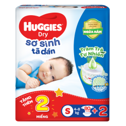 Tã dán sơ sinh Huggies Dry (S, 4-8kg, 80 miếng) + 2 miếng